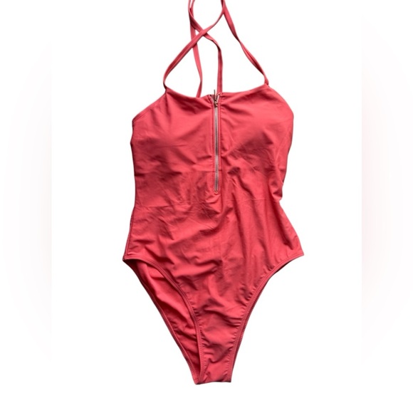 Juicy Couture Orange One Piece Swimsuit - Size L Tie Zipper Comfy Beach Summer - Picture 1 of 16